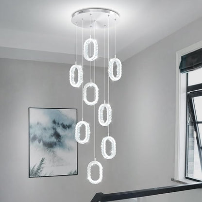 Silver 8-Ring Crystal Chandelier for Foyer Stairwell High Ceiling Chandelier Dimmable Oval Crystal Ring Pendant Light