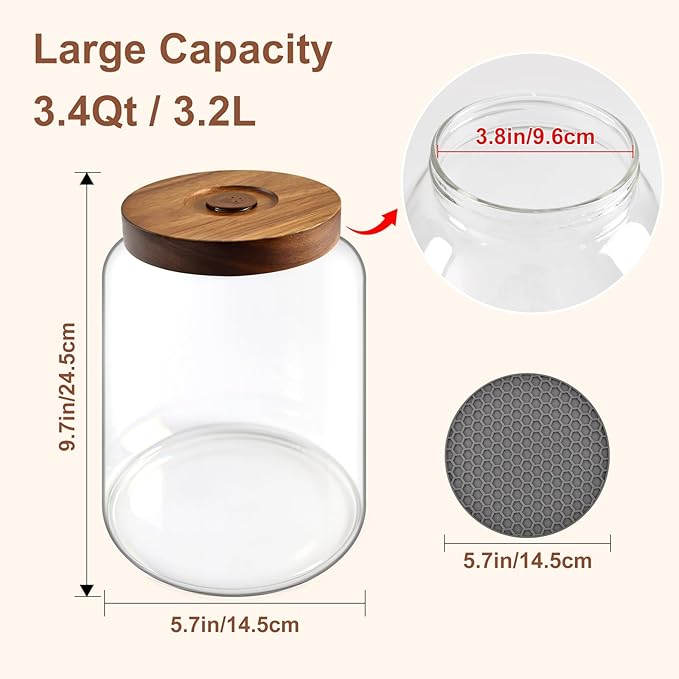Glass Flour Container Set of 2, Large Glass Canisters with Airtight Lids,Pantry Jar with Anti-Slip Mat and Label,Food Storage Jars for Flour,Sugar,Cereal,Rice,Pasta,Oats, Coffee Beans(3.4 QT/3200 ml)