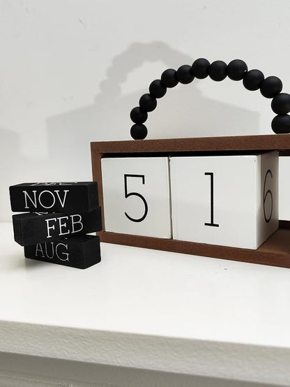 Wooden Perpetual Calendar for Desk, Metal Wood Month Date Display for Teachers, Students, Classroom, Rustic Farmhouse Office Decor, Desk Accessories (Black wood beads)