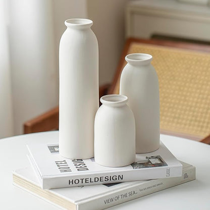 Ceramic Vase Set-3, Small Flower Vases for Decor, Modern Boho Farmhouse Style, 10.3 Inch Tall, Bisque White Color, Decorative Vases for Pampas Grass, Dried Flowers and Fresh Flowers (L Natural White)