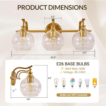 ANDY STAR Bruhsed Gold Bathroom Light Fixtures, Gold 3 Light Bathroom Vanity Lights, 3 Lights Wall Light with Globe Clear Lampshade, Vintage Brass Sconce with Metal Lamp Body for Bedroom, Living Room