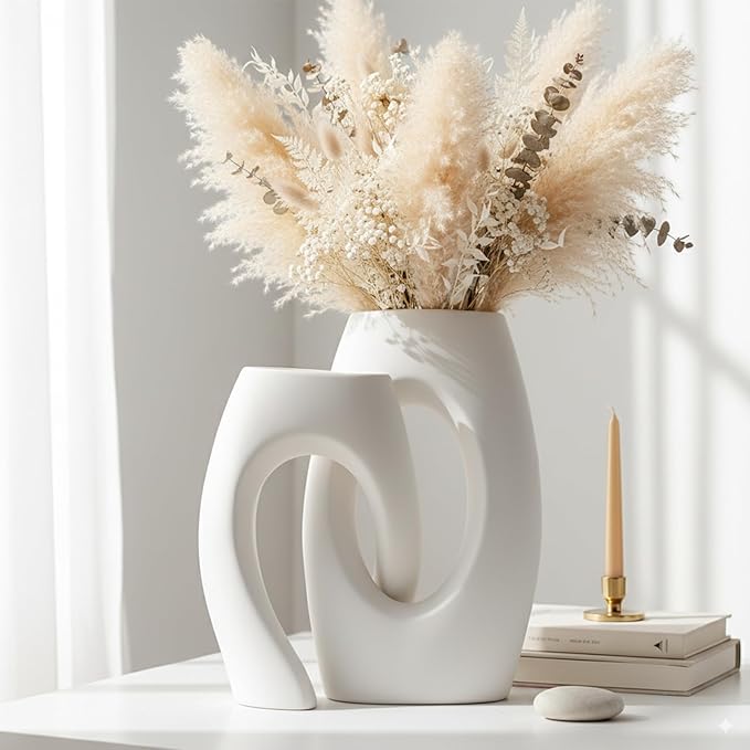 Ceramic Vase Set of 2 by DecoVlog, White Hollow Living Room Decor Vase, Minimalist Decorative Modern Boho Vase for Table Centerpiece Wedding Dining Living Room Office House Decoration