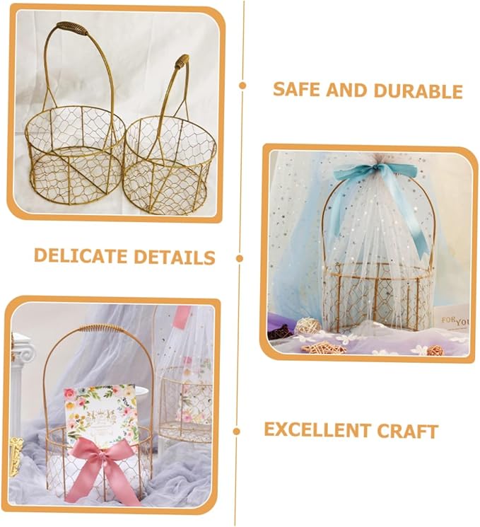 Zerodeko Decorative Iron Wire Basket with Handle Round Storage Basket for Wedding Home Organization Flower Girl Fruits and Elegant