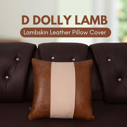 D DOLLY LAMB Lambskin Leather Pillow Cover - Sofa Cushion Case - Decorative Throw Covers for Living Room & Bedroom, 18x18 Inches - Tan & Off - White Plain