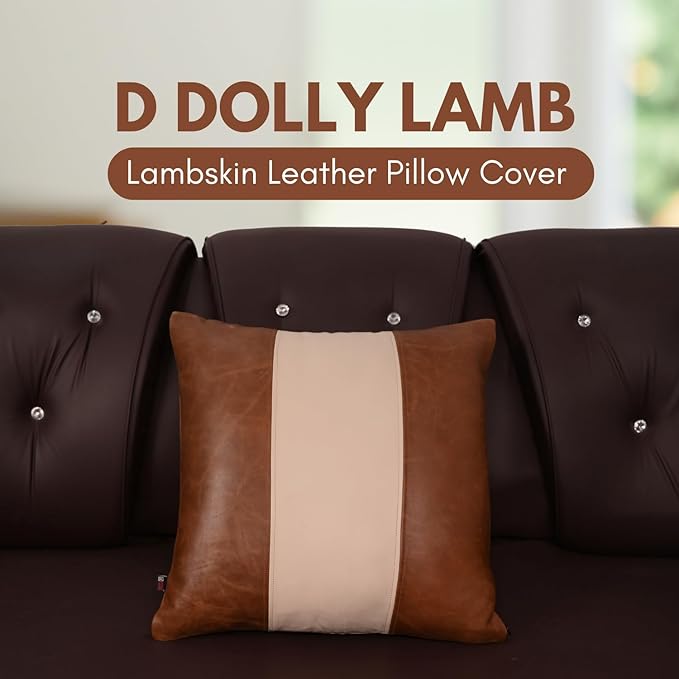 D DOLLY LAMB Lambskin Leather Pillow Cover - Sofa Cushion Case - Decorative Throw Covers for Living Room & Bedroom, 18x18 Inches - Tan & Off - White Plain