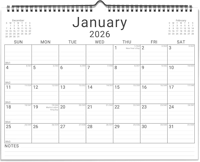 2026 Wall Calendar, 12 Month 11”x8.5 ‘’ Year Monthly Organizer from January 2026-2027 Small Mini Horizontal Blank Spiral Bound Wire Hanging Calendar w/ Lines for Family, Home, Kitchen, Office White3