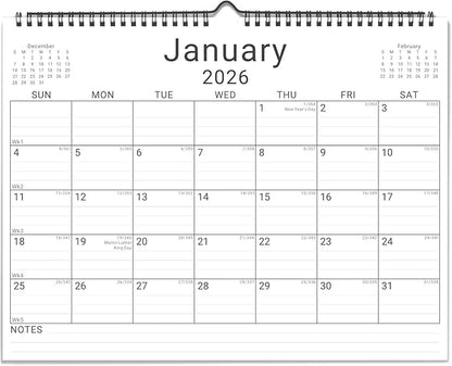 2026 Wall Calendar, 12 Month 11”x8.5 ‘’ Year Monthly Organizer from January 2026-2027 Small Mini Horizontal Blank Spiral Bound Wire Hanging Calendar w/ Lines for Family, Home, Kitchen, Office White3