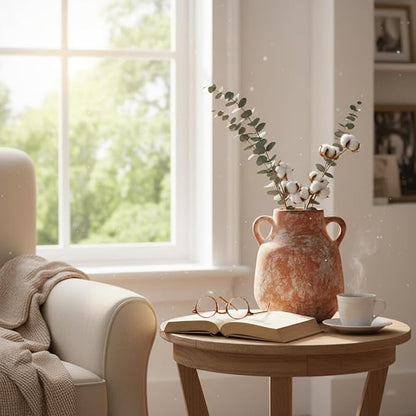 Ceramic Flower Vase with Handles,7.6 inch Farmhouse Vase,Rustic Vintage Terracotta Vases for Home Decor,Living Room,Kitchen Shelf,Table,Fireplace,Holiday & Weddings Centerpiece (Terracotta-M-822)