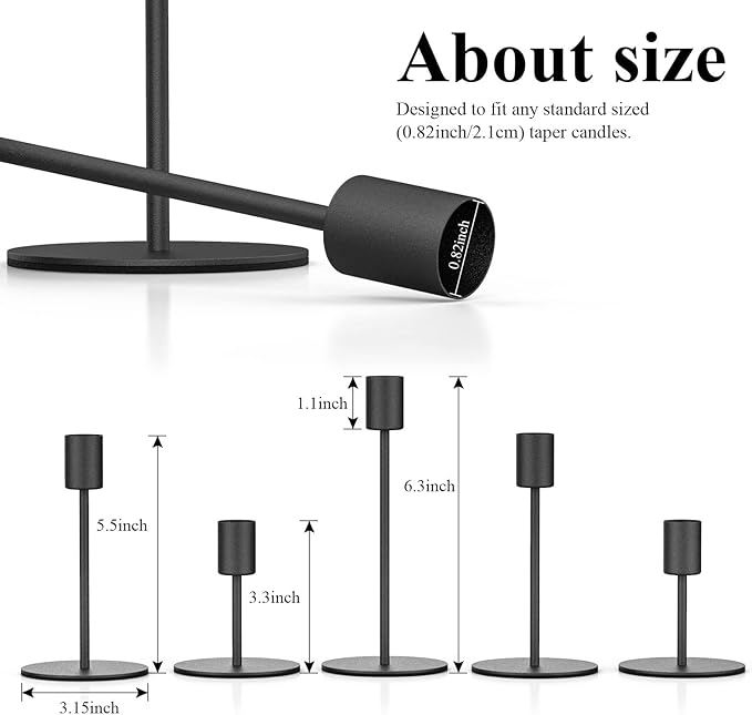 Smtyle Original Design Premium Quality Black Candlestick Holders, Set of 5 Solid Metal Taper Candle Holders Heavyweight Rustic Centerpieces for Tables, Dining, Fireplace, and Mantel Decor