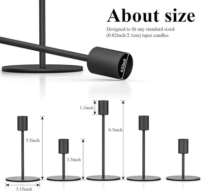 Smtyle Original Design Premium Quality Black Candlestick Holders, Set of 5 Solid Metal Taper Candle Holders Heavyweight Rustic Centerpieces for Tables, Dining, Fireplace, and Mantel Decor