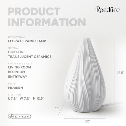 RONDURE 12.5" Modern Ceramic Table Lamp, Fully Dimmable Modern Bedside Lamps for Bedroom, Living Room and Nightstand, White Translucent Ceramic Shade, Warm Ambient Lighting, Corded, Bulb Included