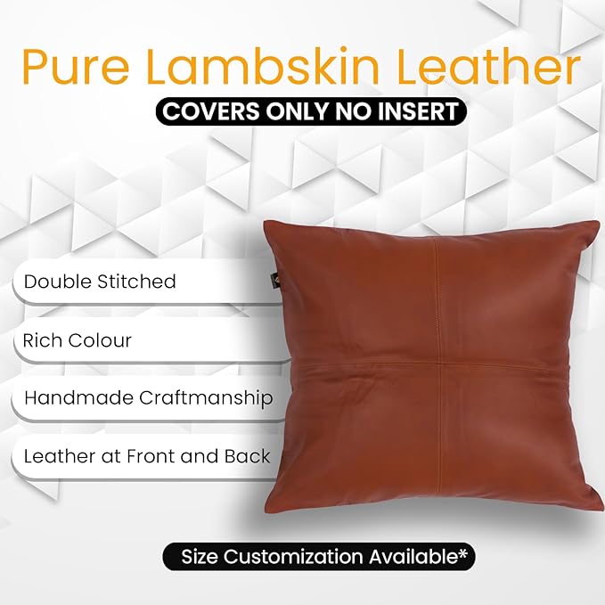 LL LEATHER LOVERS Lambskin Leather Pillow Cover - Sofa Cushion Case - Decorative Throw Covers for Living Room & Bedroom, 14x14 Inches - Camel Antique Plane Pack of 1