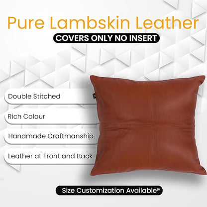 LL LEATHER LOVERS Lambskin Leather Pillow Cover - Sofa Cushion Case - Decorative Throw Covers for Living Room & Bedroom, 14x14 Inches - Camel Antique Plane Pack of 1