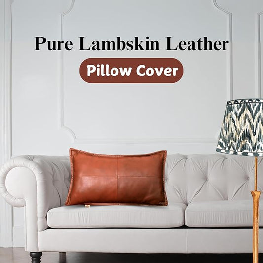 100% Lambskin Leather Pillow Cover - Sofa Cushion Case - Decorative Throw Covers for Living Room & Bedroom, 18x26 Inch - Mango Box Tan Antique Pack of 2