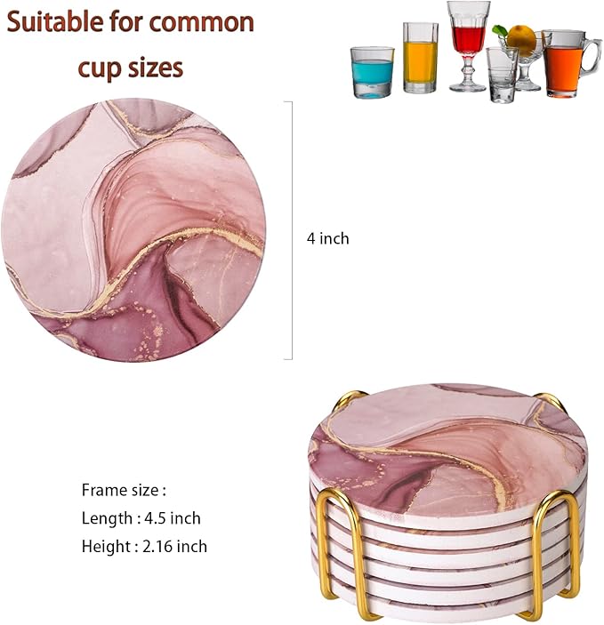 Absorbent Pink Marble Ceramic Coasters for Drinks with Gold Holder and Cork Base Set of 6 Round Decorative Tabletop Protection for Coffee Table Bar Kitchen Home and Dining Room