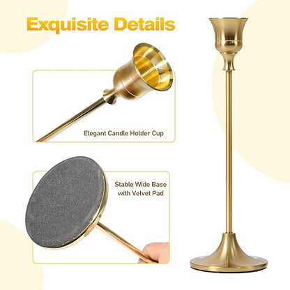 3-Piece Tapered Candleholder Set Brass-Finish Gold Column Candleholders Metal Vintage Decor Dining Table Centerpiece Wedding Mantelpiece Housewarming Gift