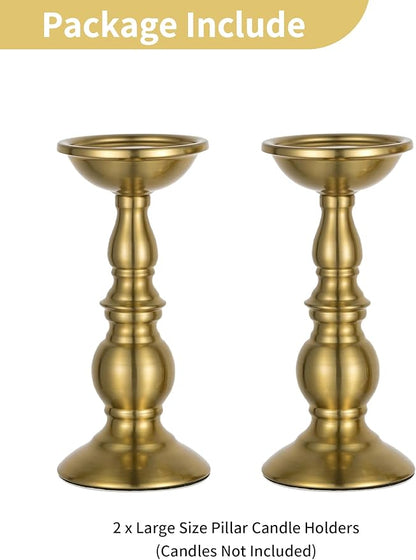 NUPTIO Pillar Candle Holder Brass: Gold Tall Candles Stand for Christmas New Year Party Centerpiece - Large Metal Candleholder Decorative for Table Fireplace Decor(2 x L)