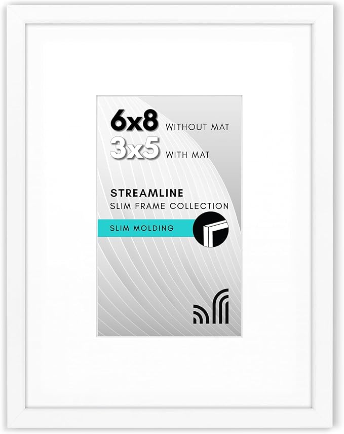 Americanflat 6x8 Picture Frame with Shatter-Resistant Glass - Use as 3x5 Frame with Mat or Display 6x8 Photo Without Mat - Streamline Collection - Picture Frames for Tabletop and Wall - White