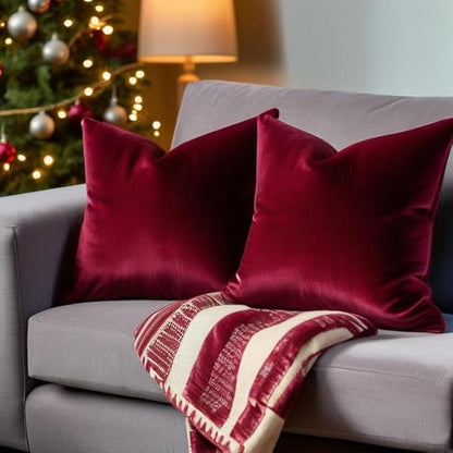FEVERQIYI 26x26 Velvet Pillow Covers Set of 2 Christmas Red Decorative Square Throw Pillowcase Soft Solid Cushion Covers for Bedroom Living Room Outdoor Indoor Decoration