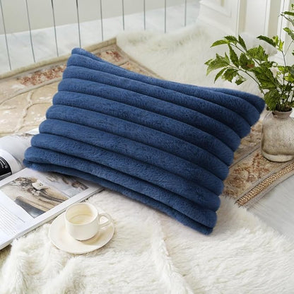 decorUhome Faux Fur Spring Throw Pillow Covers 12x20 Set of 2, Decorative Soft Plush Striped Lumbar Neutral Couch Pillow Covers with Velvet Back for Sofa, Bed, Living Room Home, Blue