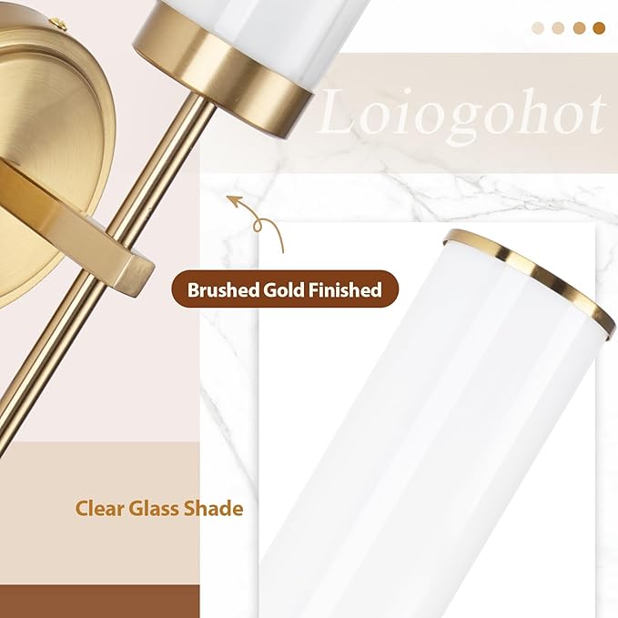 Wall Sconces Set of Two,Modern Bathroom Sconces Wall Lighting with Opal White Glass Shade,60W 16" Gold Sconces Wall with Clear Glass Shade for Living Room Corridor Mirror Bedroom Stairs