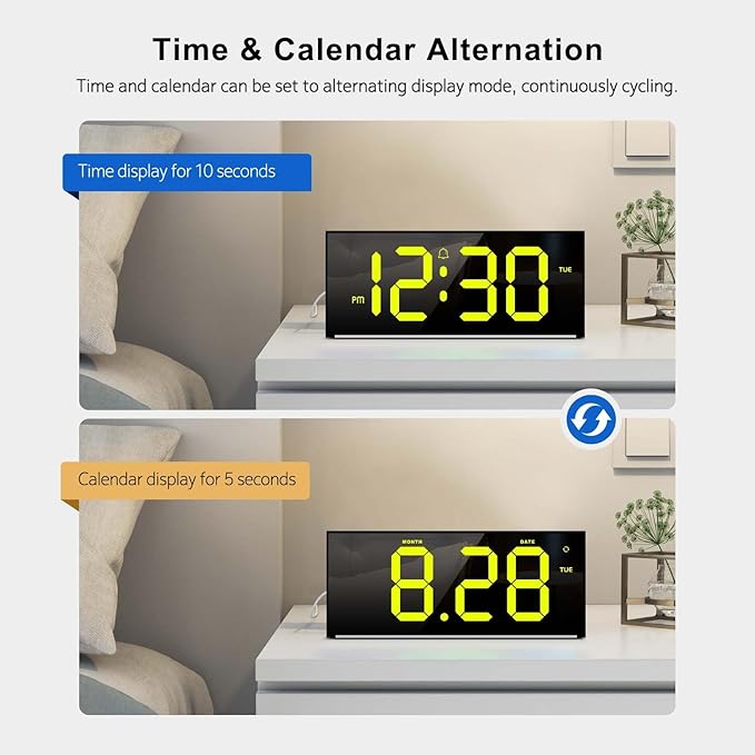 Abovsare Digital Wall Clock Large Display, 13" Alarm Clock with 12 RGB Colors Changing Remote Control, LED Clocks with Night Lights for Living Room Bedroom Office Wall Decor, Black