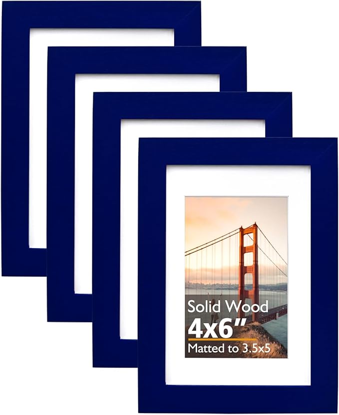 KINLINK 4x6 Frame Navy, Solid Wood 4 x 6 Picture Frame with Acrylic Plexiglass for 3.5x5 with Mat, Tabletop and Wall Display Photo Frames 4x6 Navy Blue, 4 Pack