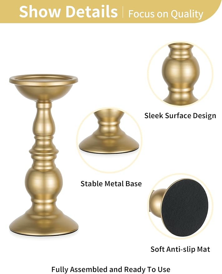 2 Pcs Gold Pillar Candle Holders, Gold Candlestick Most Ideal for 3" Pillar Candles, Gifts for Wedding, Party, Home, Spa, Reiki, Votive Candle (S + L)