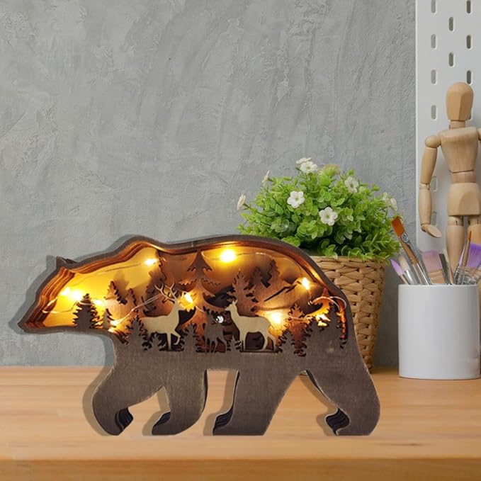 Light Up Bear Art Decor Wooden Brown Bear Figurine with LED Home Shelf Desk Decorations Rustic Multi-Layer Bear Crafts
