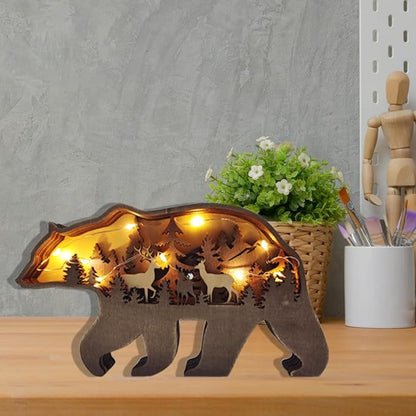 Light Up Bear Art Decor Wooden Brown Bear Figurine with LED Home Shelf Desk Decorations Rustic Multi-Layer Bear Crafts