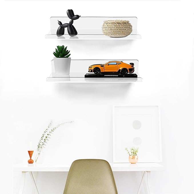 ROYALITA Small Acrylic Shelves Wall Mounted | Set of 2 | 12 Inches | Wall Hanging Plant Display Shelves, Room Decor Floating Wall Shelves for Gaming Room Bedroom, Living Room, Office, Clear