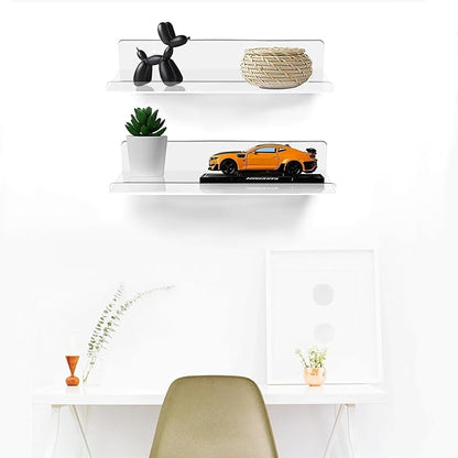 ROYALITA Small Acrylic Shelves Wall Mounted | Set of 2 | 12 Inches | Wall Hanging Plant Display Shelves, Room Decor Floating Wall Shelves for Gaming Room Bedroom, Living Room, Office, Clear