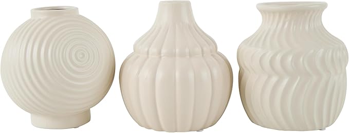Deco 79 Ceramic Abstract Decorative Vase Small Textured Centerpiece Vases with Varying Shapes and Patterns, Set of 3 Flower Vases for Home Decoration 5" W, 6" H, Cream