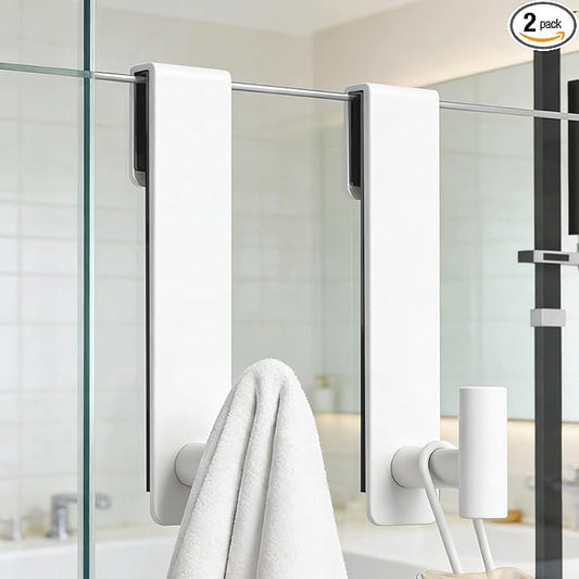 PMMASTO Shower Door Hooks, (7.5 Inch) Extended Towel Hooks for Bathroom Frameless Glass Shower Door, Stainless Steel Heavy Duty Hooks (White, T Shape-Fits 3/8" Thick Door)