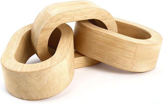 Wood Chain Link Decor, 3 Link Wooden Chain Sculpture for Farmhouse Home Decor, Natural Wood Shelf Decor for Coffee Table, Entryway, Living Room, Bedroom, Rustic Neutral Accent