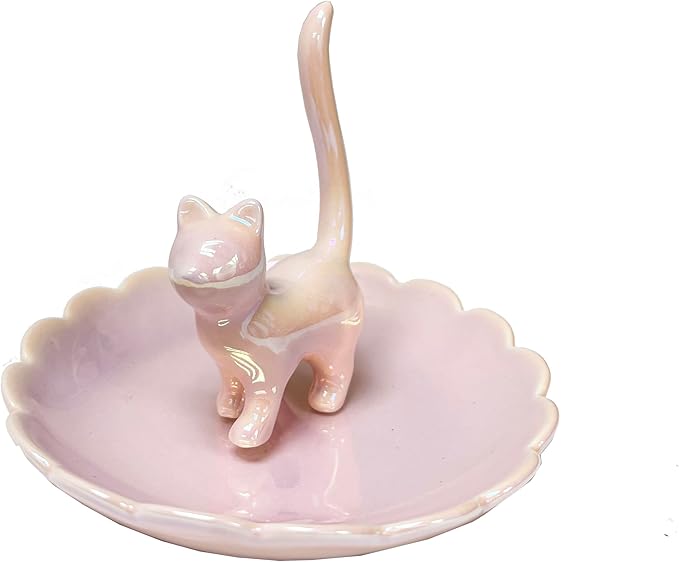 ROSA&ROSE Cat Ring Holder Trinket Tray Ceramic Jewelry Dish Porcelain Ring Organizer Gift for Women, Girlfriend or Valentine's Day (Pink)