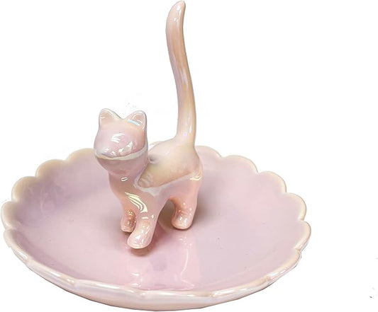 ROSA&ROSE Cat Ring Holder Trinket Tray Ceramic Jewelry Dish Porcelain Ring Organizer Gift for Women, Girlfriend or Valentine's Day (Pink)