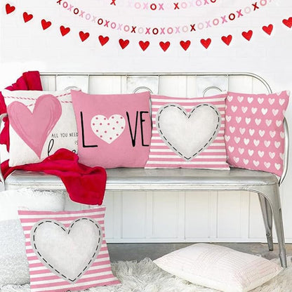 GEEORY Valentines Day Pillow Covers 18X18 inch Set of 4 for Valentines Decor Pink White Stripes Dots Love Heart Valentines Day Throw Pillows Decorative Cushion Cases Valentine Decorations