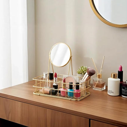 Two Small Gold Wire Basket - 9.6x6.7x2.8 、6.8*4.8*2.3inch ,Metal Wire Mesh Storage Basket for Home Organization | Ideal for Desk, Laundry, Wedding Bathroom & Cosmetic Stations