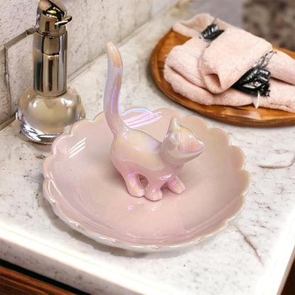 ROSA&ROSE Cat Ring Holder Trinket Tray Ceramic Jewelry Dish Porcelain Ring Organizer Gift for Women, Girlfriend or Valentine's Day (Pink)