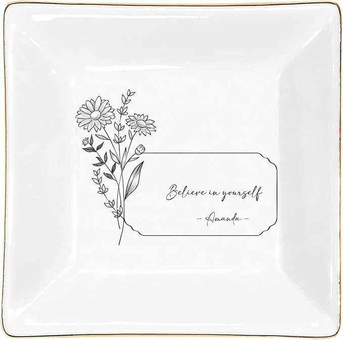 Gossby Personalized Jewelry Tray - Gift for Women Mom Friend with Birth Month Flower Name - Ceramic Trinket Tray Dish Plate for Ring Earring Bracelet - Gift Mothers Day Birthday Christmas V3