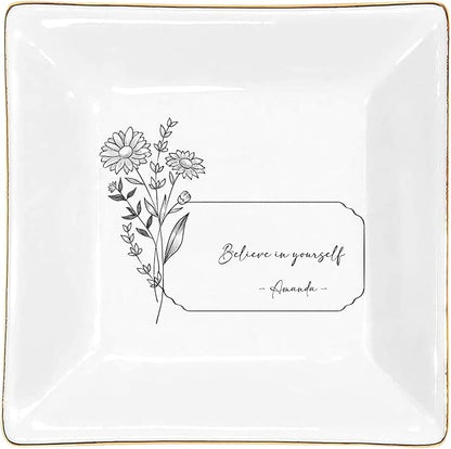 Gossby Personalized Jewelry Tray - Gift for Women Mom Friend with Birth Month Flower Name - Ceramic Trinket Tray Dish Plate for Ring Earring Bracelet - Gift Mothers Day Birthday Christmas V3