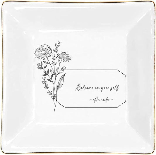 Gossby Personalized Jewelry Tray - Gift for Women Mom Friend with Birth Month Flower Name - Ceramic Trinket Tray Dish Plate for Ring Earring Bracelet - Gift Mothers Day Birthday Christmas V3