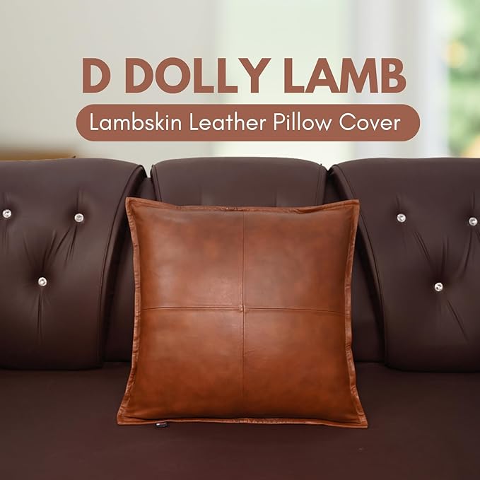 D DOLLY LAMB Lambskin Leather Pillow Cover - Sofa Cushion Case - Decorative Throw Covers for Living Room & Bedroom, 18x18 Inches - Dark Tan Box