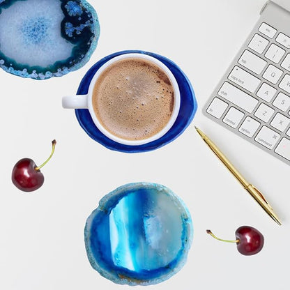 Teal Agate Slices Bulk Geode Coasters Set of 4 with Rubber Bumpers - Unique 4-5 Inch Dyed Stone Drink Crystal Cup Coasters for Home Decor, Coffee Table, Bar Accessories