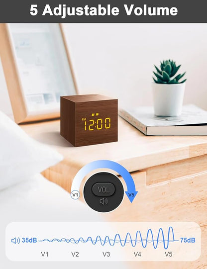 Digital Alarm Clock, with Wooden Electronic LED Time Display, 3 Alarm, 2.5-inch Cubic Small Mini Wood Made Electric Clocks for Bedroom, Bedside, Desk, Brown