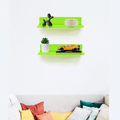 ROYALITA Small Acrylic Shelves Wall Mounted | Set of 2 | 12 Inches | Wall Hanging Plant Display Shelves, Room Decor Floating Wall Shelves for Gaming Room Bedroom, Living Room, Office, Green