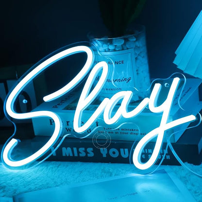 SYLHOME Slay Blue LED Neon Light Sign Cool Boys Girls Preppy Bedroom Game Play Room Desk Wall Decor Sign Club Pub Bar Man Cave Game Center Birthday Decoration USB Night Light 11.8" X 8"