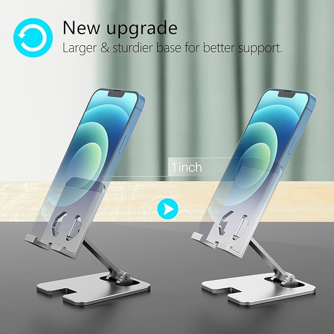 Amzpas Adjustable Cell Phone Stand Metal, Foldable Desktop Cellphone Stand with Anti-Slip Base and Convenient Charging Port, for Phone 17 16 15 14 13 12 11 Pro Xs Xs Max Xr X 8, All Phones