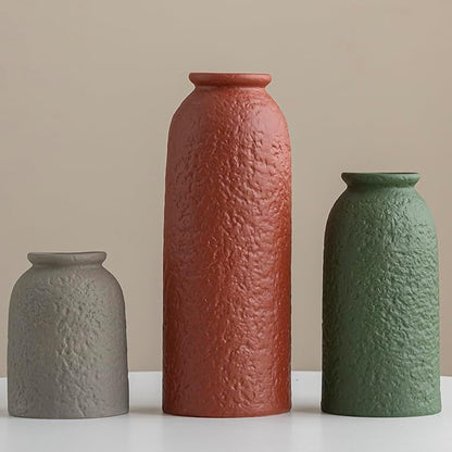 Large Decorative Ceramic Vase Set, 3 Pieces, Nordic Modern Boho Style, Earthtone Color Mix, Modern Farmhouse for Home Decor (XL Red Texture Mix)